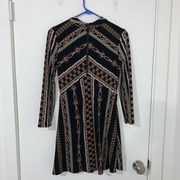 Free People Stella Mock Neck Mini Dress Black Graphic Print XS WhimsyGoth Boho - Picture 6 of 10